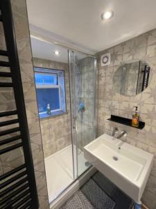 布莱顿霍夫Homely garden apartment, newly refurbished - sleeps four的一间带水槽和淋浴的浴室