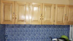 布拉柴维尔Julie-Appart的厨房配有木制橱柜和蓝色台面