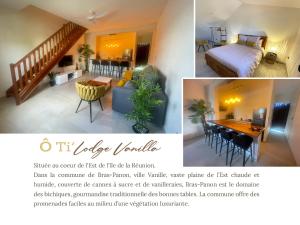 Bras-PanonÔ Ti' Lodge Vanilla的客厅、带床的卧室和用餐室