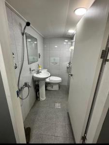 首尔How are you here in Hongdae的一间带卫生间和水槽的小浴室