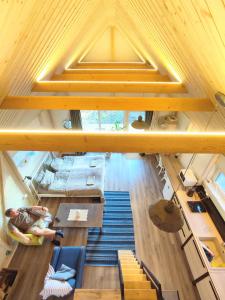 LieplaukėModern Sauna Cabin in Horse Ranch的客厅享有高空美景,设有木制天花板