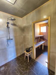 LieplaukėModern Sauna Cabin in Horse Ranch的一间设有淋浴的房间,凳子上有一个碗