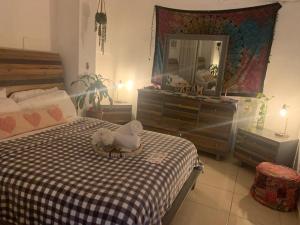 瓜亚马MI CASITA BOHO GREEN的一间卧室配有一张带镜子和梳妆台的床
