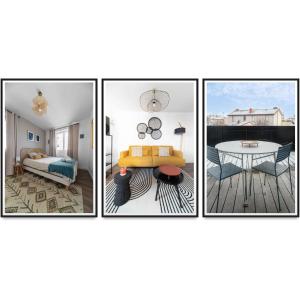 克莱蒙费朗Résidence Léon Blum - Appartements design - Parking的客厅的三张照片,配有一张桌子和一张床