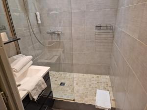 特鲁瓦灿烂酒店的带淋浴、卫生间和盥洗盆的浴室