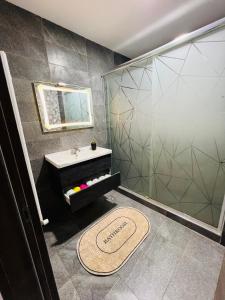 奥兰Standing de luxe, surface de 150 m Paiement uniquement en euros的带淋浴、盥洗盆和镜子的浴室