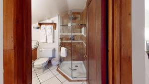 圣阿黛拉Auberge Spa & Beaux Reves的一间带卫生间和玻璃淋浴间的浴室