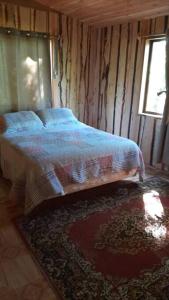 PichareCasa tranquila amueblada的一间卧室设有床、窗户和地毯。