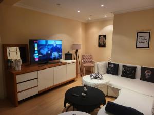 伊斯坦布尔Güzel daire的客厅配有沙发和橱柜上的电视