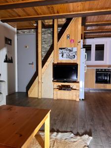 Saint-Imier乐乔利度假屋的一间带电视和木制天花板的客厅
