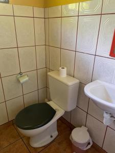 莫日-达斯克鲁济斯Chácara Vista para Represa的浴室设有卫生间、绿色盖子和水槽