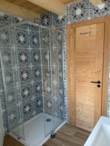 莱热Chalet Le Renard Du Lac的浴室里设有玻璃门淋浴
