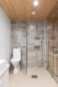坦佩雷Top, cozy, lakeside, sauna and free indoor parking的一间带卫生间和玻璃淋浴间的浴室