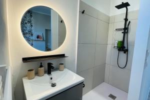 维勒班Appartement rénové proche du parc de la tête d'or的白色的浴室设有水槽和镜子