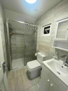 恩菲尔德Charming Private Guest House的带淋浴、卫生间和盥洗盆的浴室