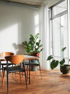 瓦尔德基尔希ArtBau Designhotel的一间设有桌子和盆栽的用餐室