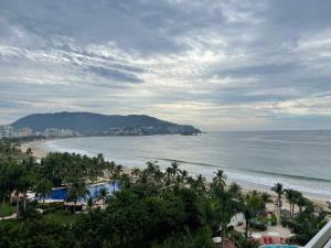 伊斯塔帕Bay View Grand Marina Ixtapa condo en pie de playa的享有棕榈树海滩和大海的景色