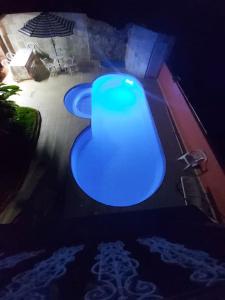 瓜鲁雅Castelinho do Felix Guarujá Pernambuco的客厅设有两个蓝色浴缸,拥有自然环境