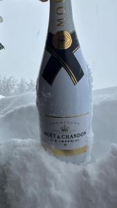 基茨比厄尔Hocheckhuette On Top of the Kitzbuehel Hahnenkamm Mountain的雪中一瓶香槟