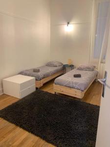 奥尔良MARTROI Cœur de Ville的配有地毯的客房内的两张床