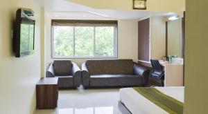 艾哈迈达巴德Hotel Palliate的一间配备有沙发及电视的酒店客房