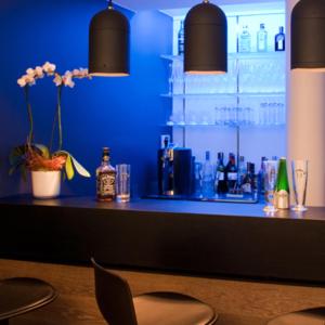 科尔马Hôtel Quatorze的一间蓝色房间酒吧,带柜台
