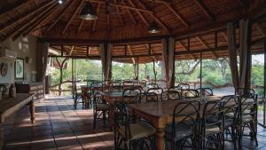 LentswelemoritiMashatu Lodge的用餐室设有桌椅和窗户。