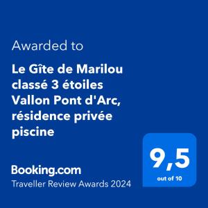 瓦隆蓬达克Le Gîte de Marilou classé 3 étoiles Vallon Pont d'Arc, résidence privée piscine的被授予“礼品”的蓝色文字框