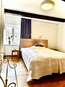 普劳西Ferienhaus Fischerglück im Herzen von Plau am See的一间卧室设有一张大床和一个窗户。