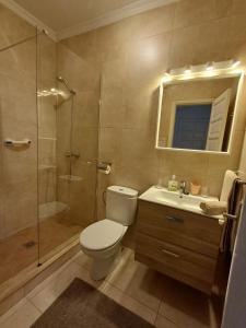 科斯塔特吉塞Happy Heart Los Molinos的浴室配有卫生间、淋浴和盥洗盆。