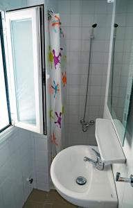 巴萨HOSTAL CACHE的一间带水槽和淋浴帘的浴室