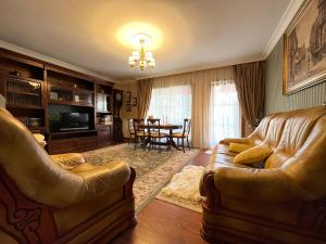 克拉约瓦Apartament Boem în Inima Oraşului Craiova的客厅配有两张真皮座椅和一张桌子