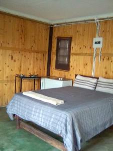 曼齐尼Inkwazi Getaway Lodge的卧室配有木墙内的一张床