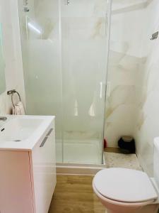 里斯本Sweet Sleep Apartment的带淋浴、卫生间和盥洗盆的浴室