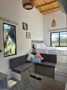 派帕Corinto Tiny House的客房设有沙发和带窗户的床。