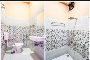 勒克瑙Shri Radhe Krishna Bhawan的浴室的两张照片,配有卫生间和水槽
