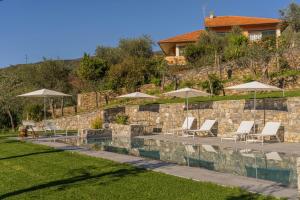 东塞斯特里Villa Chicchi - Sestri Levante的一个带椅子和遮阳伞的游泳池以及一座房子