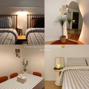 首尔Stay Gongyu Nonhyeon的卧室两张照片,配有一张床和一张桌子