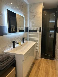 蓬托尔松ARC EN CIEL B&B的白色的浴室设有水槽和炉灶。