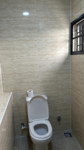 哈科特港Geminge shortlet的一间带卫生间和淋浴的小浴室