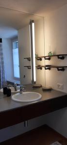 索洛图恩Einzigartiges Appartement im Höfli11 mit 3 Schlafzimmer的一间带水槽和镜子的浴室
