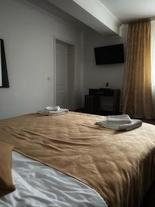 亚历山德里亚Motel Potcoava de Aur的一间卧室配有一张大床和两条毛巾