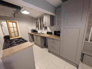 达宁顿堡Airfield Manor的厨房配有灰色橱柜和炉灶烤箱
