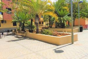 圣伊西德罗Vacaciones Sur Tenerife Ofogar的一座种有棕榈树和桌子的庭院和一座建筑