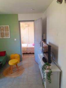 普罗旺斯地区特朗La Micalene的带电视的客厅和配有床的房间