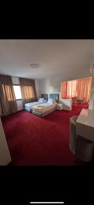 丹吉尔Crystal boulevard hôtel的一间大卧室,配有两张床和红地毯