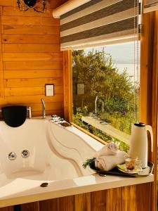 阿基塔尼亚Glamping Domos del Lago的带浴缸的浴室和窗户。