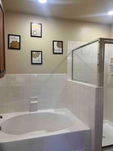 奥斯汀Hill Country Hiatus!的一间带大浴缸的浴室和墙上的三张照片