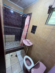 Coxen HoleHotel Gusto Bueno的一间带粉红色卫生间和盥洗盆的浴室