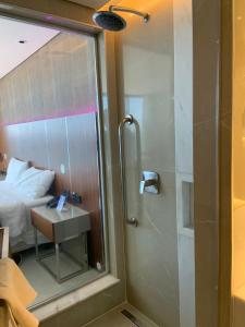 里约热内卢Hotel Nacional RJ - Vista Mar的带淋浴、床和镜子的浴室